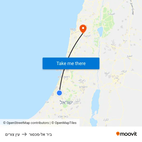 עין צורים to ביר אל-מכסור map