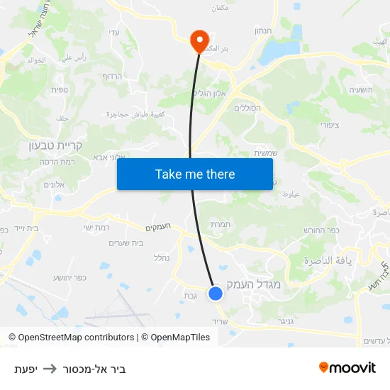 יפעת to ביר אל-מכסור map