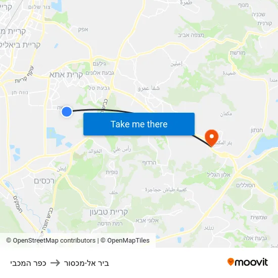 כפר המכבי to ביר אל-מכסור map