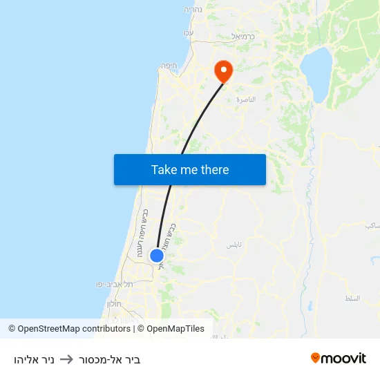 ניר אליהו to ביר אל-מכסור map