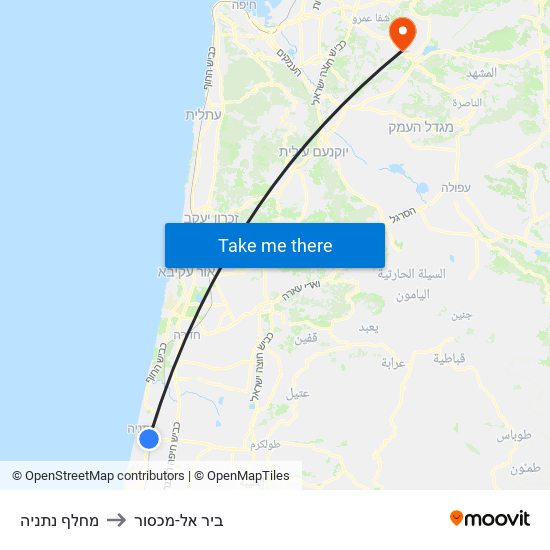 מחלף נתניה to ביר אל-מכסור map