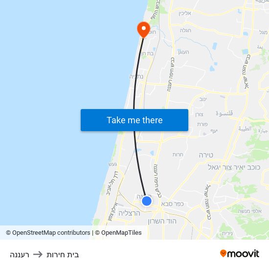 רעננה to בית חירות map