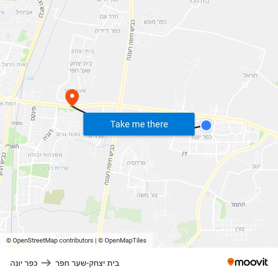 כפר יונה to בית יצחק-שער חפר map