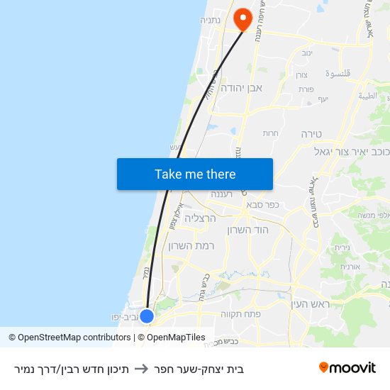 תיכון חדש רבין/דרך נמיר to בית יצחק-שער חפר map