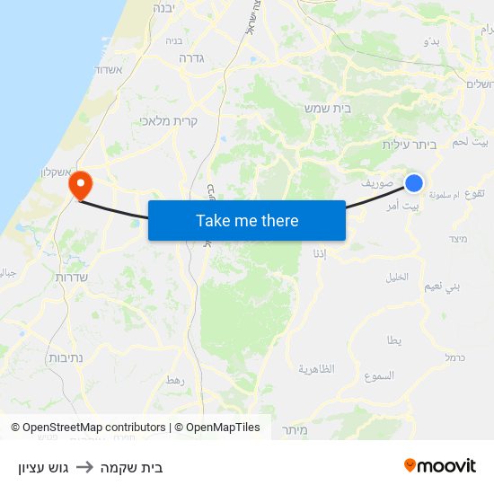 גוש עציון to בית שקמה map