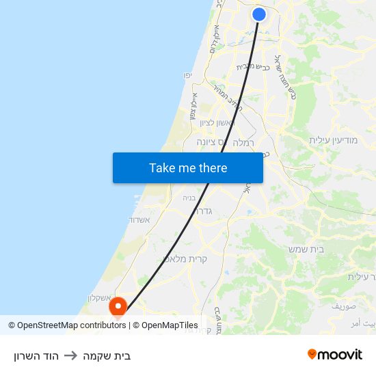 הוד השרון to בית שקמה map