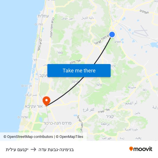 יקנעם עילית to בנימינה-גבעת עדה map