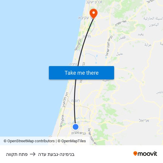 פתח תקווה to בנימינה-גבעת עדה map