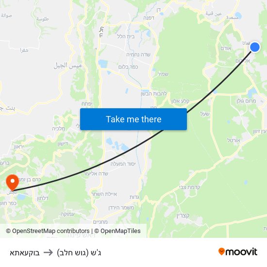 בוקעאתא to ג'ש (גוש חלב) map