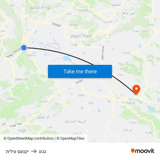 יקנעם עילית to גבע map