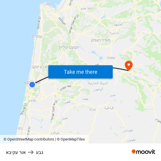 אור עקיבא to גבע map