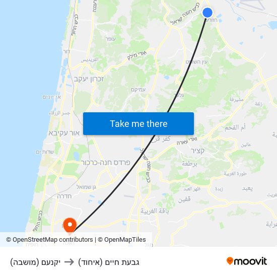 יקנעם (מושבה) to גבעת חיים (איחוד) map