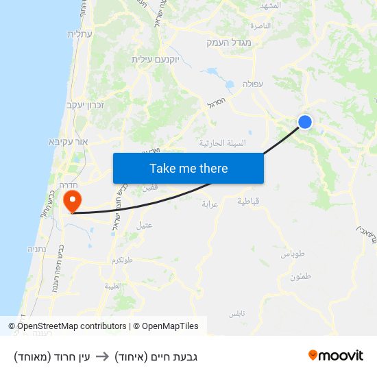 עין חרוד (מאוחד) to גבעת חיים (איחוד) map