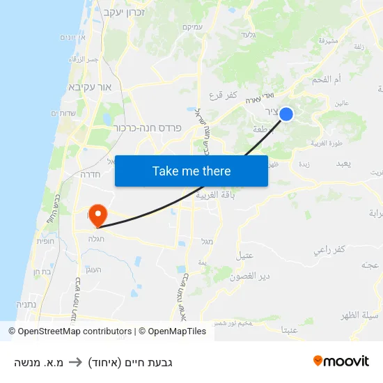 מ.א. מנשה to גבעת חיים (איחוד) map