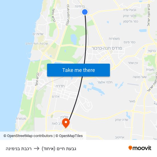 רכבת בנימינה to גבעת חיים (איחוד) map