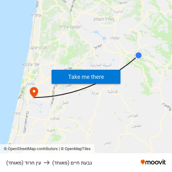 עין חרוד (מאוחד) to גבעת חיים (מאוחד) map