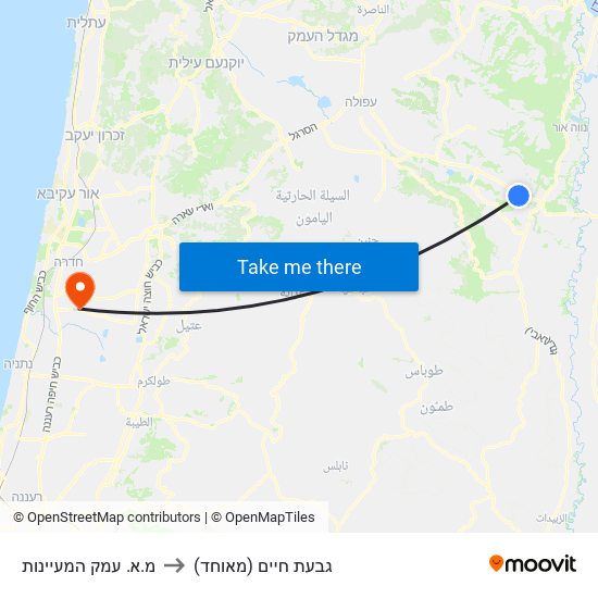 מ.א. עמק המעיינות to גבעת חיים (מאוחד) map