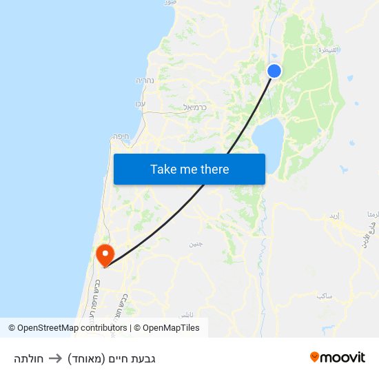 חולתה to גבעת חיים (מאוחד) map