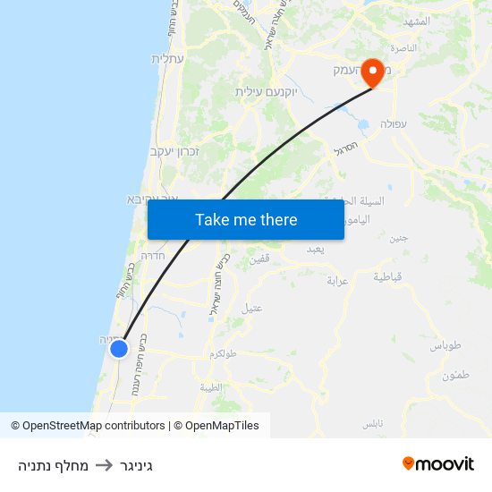 מחלף נתניה to גיניגר map