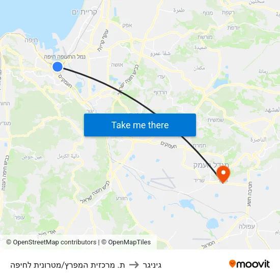 ת. מרכזית המפרץ/מטרונית לחיפה to גיניגר map