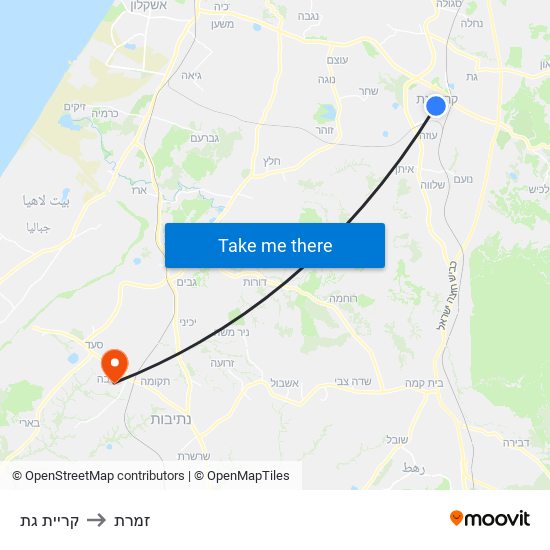 קריית גת to זמרת map