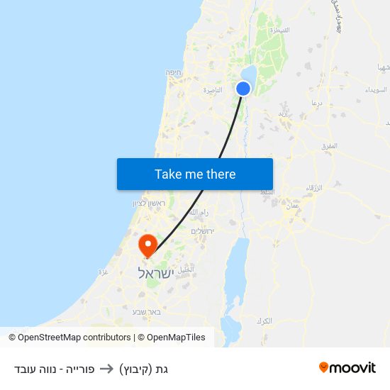 פורייה - נווה עובד to גת (קיבוץ) map