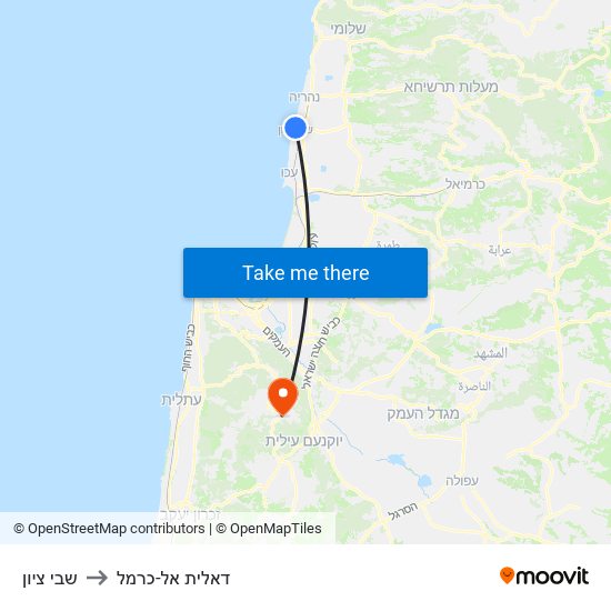 שבי ציון to דאלית אל-כרמל map