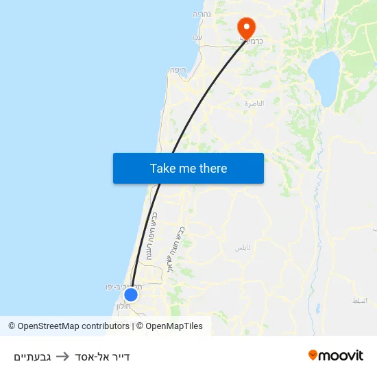 גבעתיים to דייר אל-אסד map
