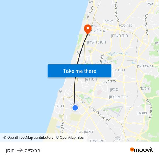 חולון to הרצלייה map