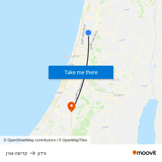 קדימה-צורן to ורדון map