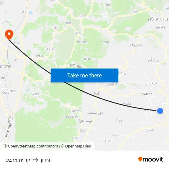 קריית ארבע to ורדון map