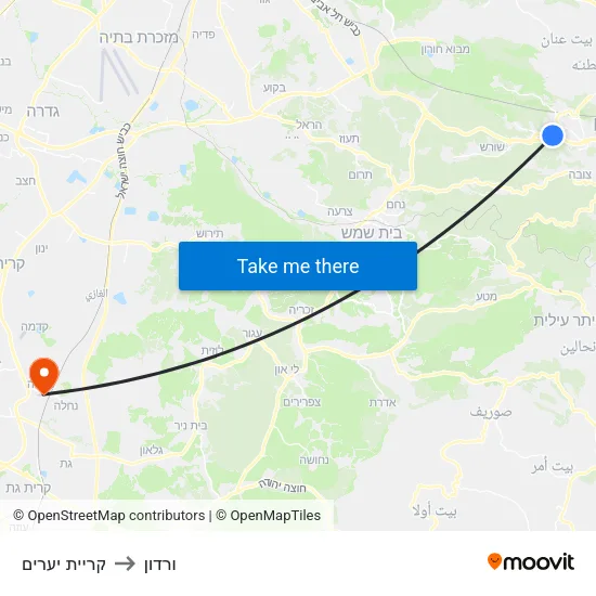 קריית יערים to ורדון map