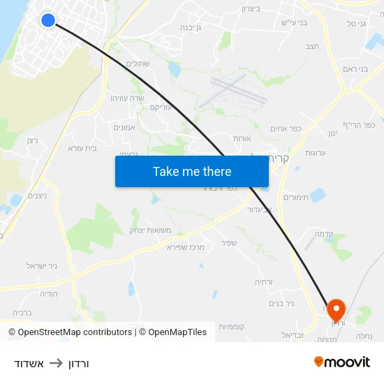 אשדוד to ורדון map