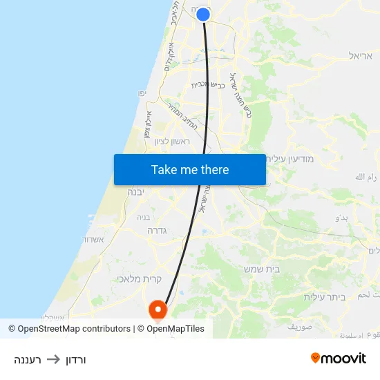 רעננה to ורדון map