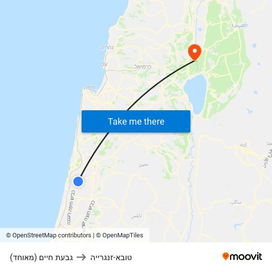 גבעת חיים (מאוחד) to טובא-זנגרייה map