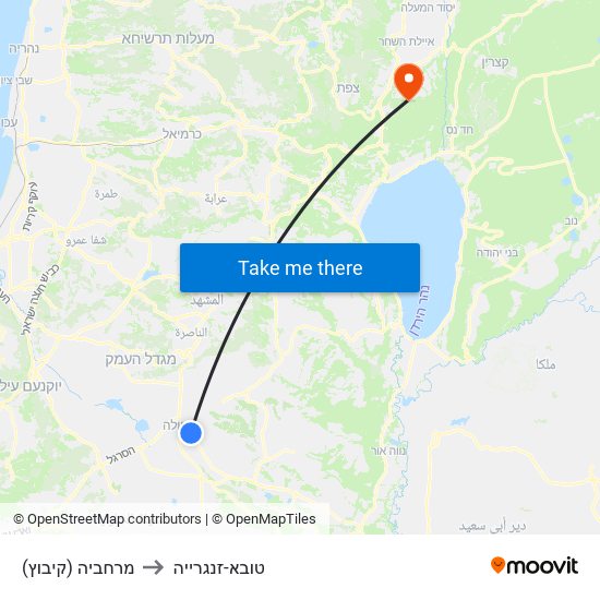 מרחביה (קיבוץ) to טובא-זנגרייה map