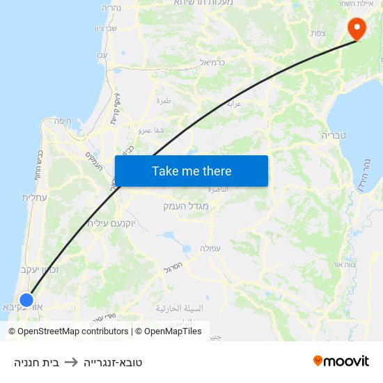 בית חנניה to טובא-זנגרייה map