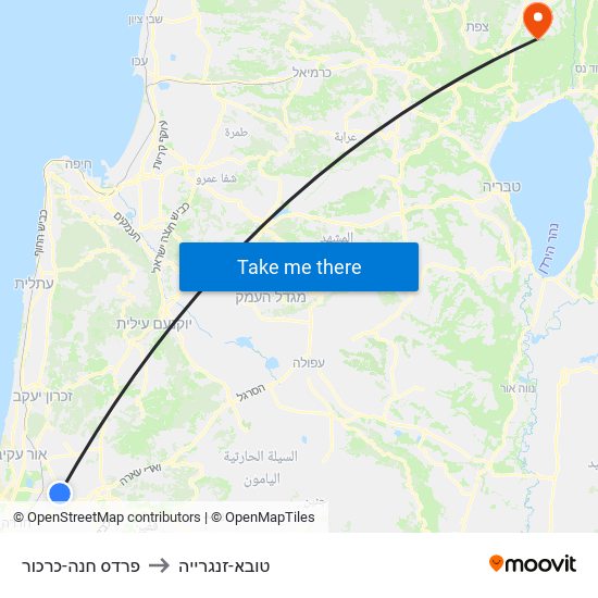 פרדס חנה-כרכור to טובא-זנגרייה map