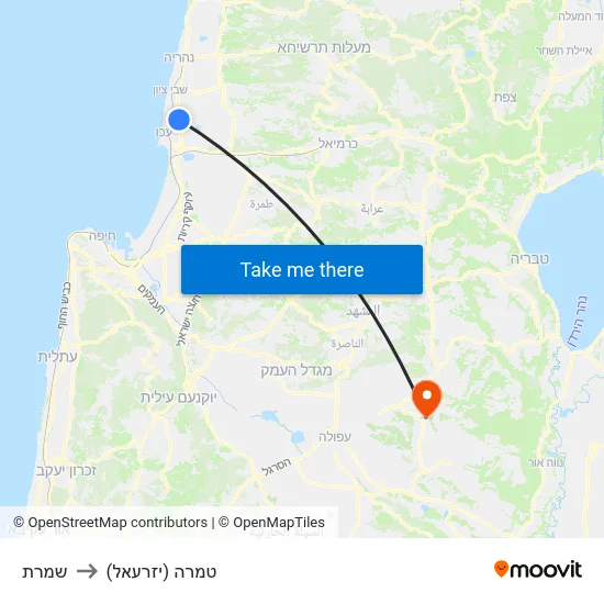 שמרת to טמרה (יזרעאל) map