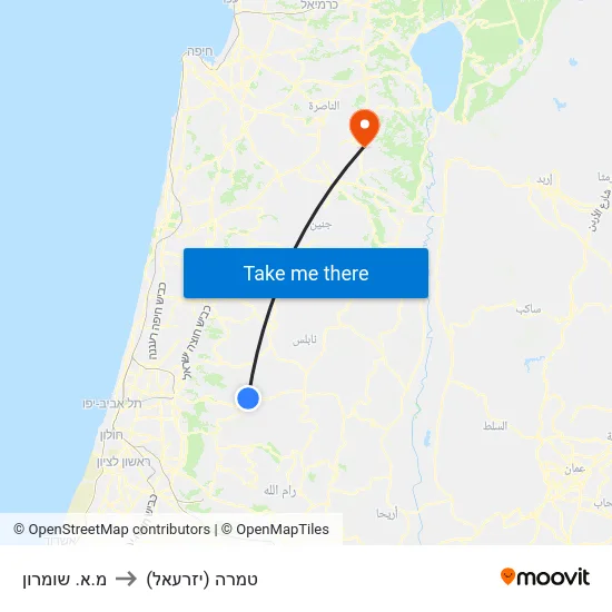 מ.א. שומרון to טמרה (יזרעאל) map