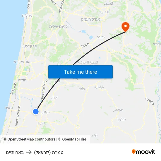בארותיים to טמרה (יזרעאל) map