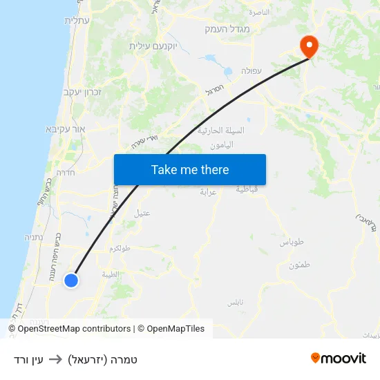 עין ורד to טמרה (יזרעאל) map