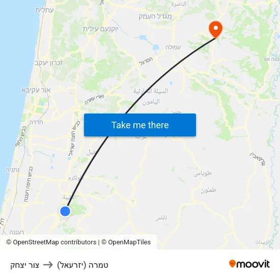 צור יצחק to טמרה (יזרעאל) map