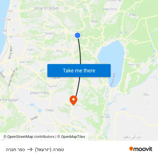 כפר חנניה to טמרה (יזרעאל) map