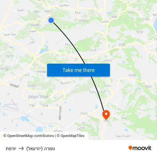 יודפת to טמרה (יזרעאל) map