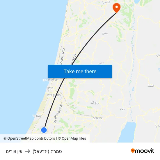 עין צורים to טמרה (יזרעאל) map