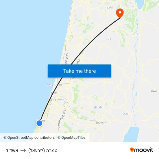 אשדוד to טמרה (יזרעאל) map