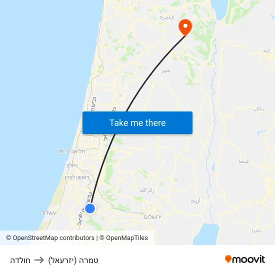 חולדה to טמרה (יזרעאל) map