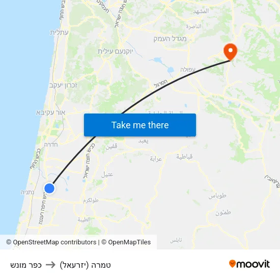 כפר מונש to טמרה (יזרעאל) map