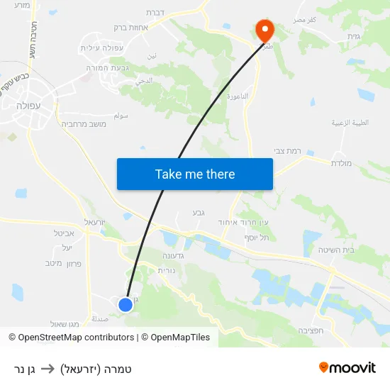 גן נר to טמרה (יזרעאל) map